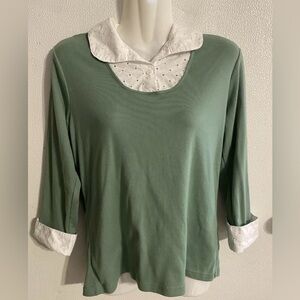 Kim Rogers Size M Women’s Green White Collar Cuffed 3/4 Sleeve Top